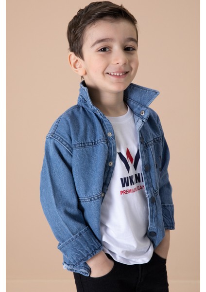 Mavi Yazı Baskılı Bisiklet Yaka Tişörtlü Erkek Çocuk Jean Gömlek 20078 fırsatları