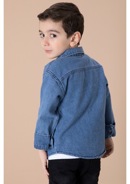 Mavi Yazı Baskılı Bisiklet Yaka Tişörtlü Erkek Çocuk Jean Gömlek 20078 indirimleri