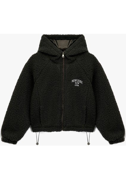 Oversize Kapüşonlu Nakışlı Fermuarlı Peluş Ceket