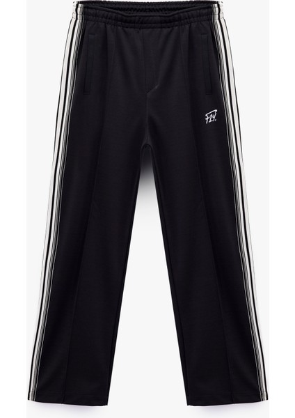 Viskon Karışımlı Beli Lastikli Cepli Şerit Detaylı Baskılı Bol Kalıp Eşofman Altı