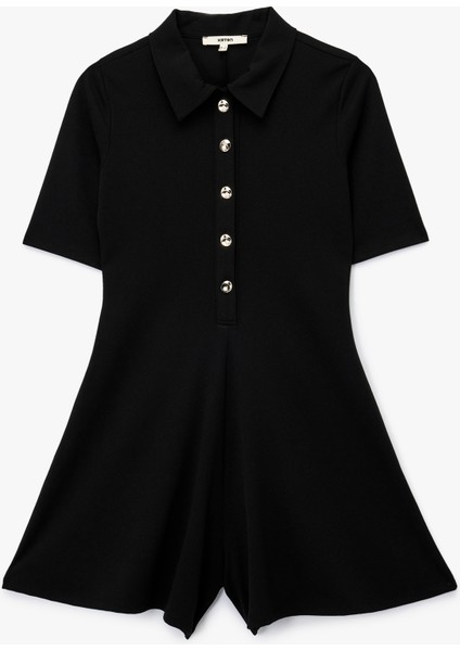 Slim Fit Kısa Kollu Yarım Düğme Detaylı Polo Yaka Mini Şort Tulum