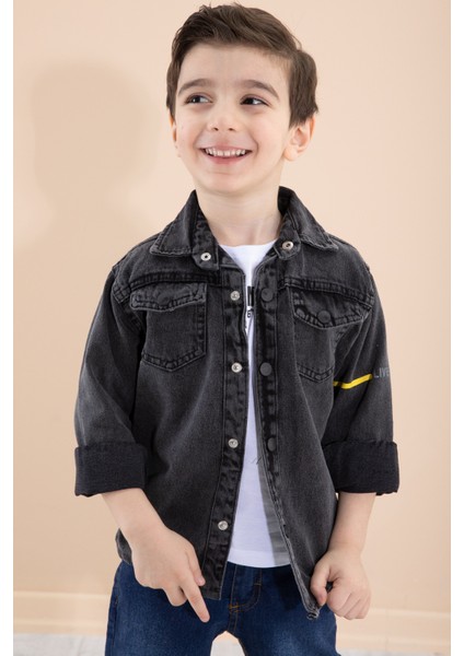 Füme Bisiklet Yaka Tişörtlü Sırtı Baskılı Erkek Çocuk Jean Gömlek 20087
