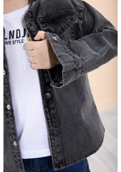 Füme Bisiklet Yaka Tişörtlü Sırtı Baskılı Erkek Çocuk Jean Gömlek 20087 fiyatları