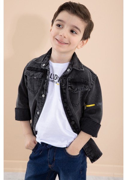 Füme Bisiklet Yaka Tişörtlü Sırtı Baskılı Erkek Çocuk Jean Gömlek 20087 modelleri