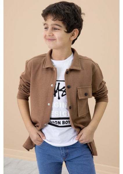 Kahverengi Yazı Baskılı Tişörtlü Gömlekli Erkek Çocuk Takım 20006