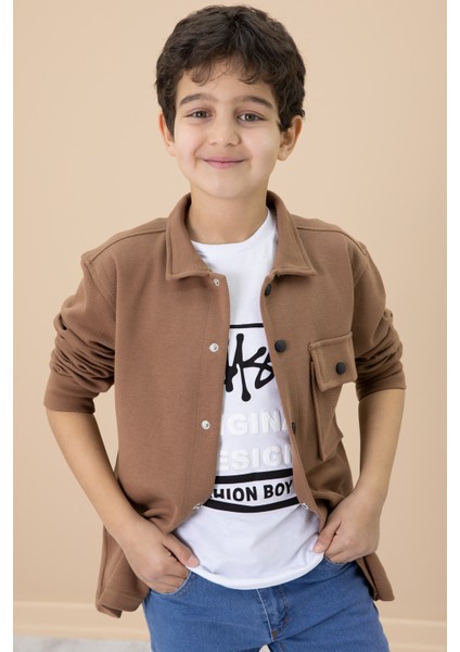 Kahverengi Yazı Baskılı Tişörtlü Gömlekli Erkek Çocuk Takım 20006 modelleri