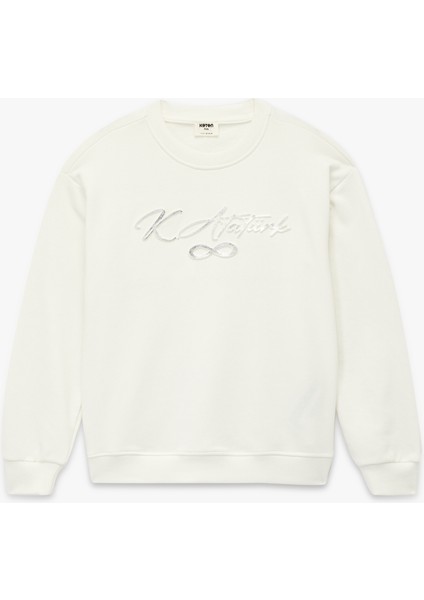 Atatürk Baskılı Uzun Kollu Bisiklet Yaka Şardonlu Sweatshirt