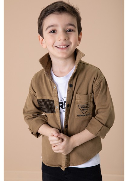 Erkek Çocuk Kahverengi Crew Yazılı Tişörtlü ve File Detaylı Gömlekli 2li Takım 20086 fırsatları