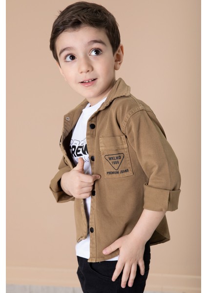 Erkek Çocuk Kahverengi Crew Yazılı Tişörtlü ve File Detaylı Gömlekli 2li Takım 20086 indirimleri