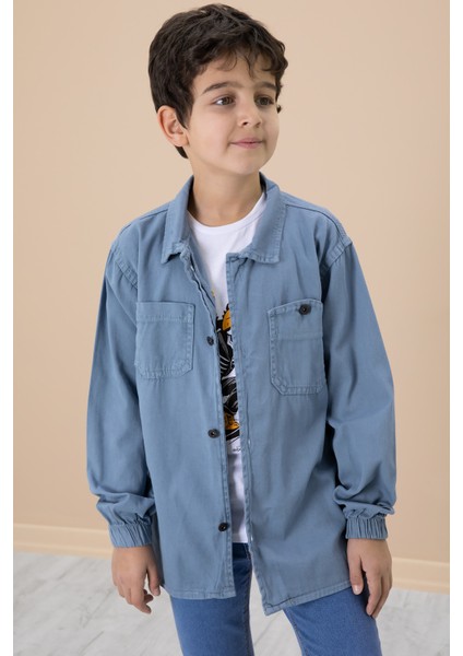 Mavi Gömlek ve Baskılı Tişörtlü Erkek Çocuk 2li Takım 19991 modelleri