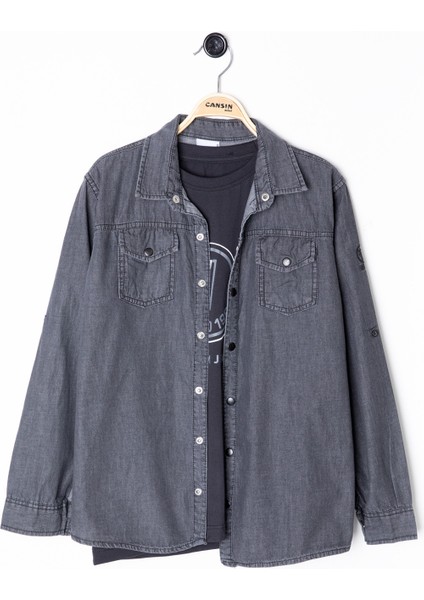 Füme Bisiklet Yaka Tişörtlü Erkek Çocuk Göğüs Cepli Jean Gömlek 20081