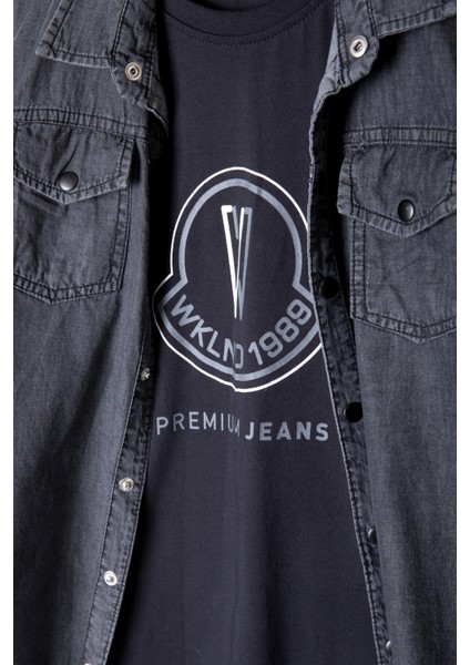 Füme Bisiklet Yaka Tişörtlü Erkek Çocuk Göğüs Cepli Jean Gömlek 20081 modelleri