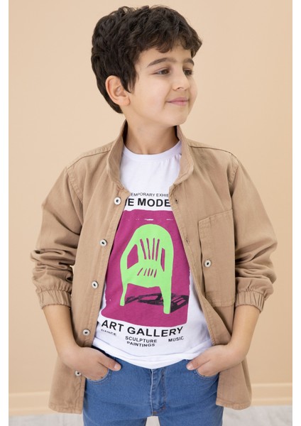 Erkek Çocuk Kahve Baskılı Tişörtlü Jean Gömlekli 2li Takım 20032 modelleri