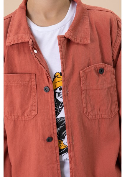 Kiremit Gömlek ve Baskılı Tişörtlü Erkek Çocuk 2li Takım 19988 modelleri