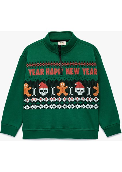 Şardonlu Uzun Kollu Yılbaşı Temalı Yarım Fermuarlı Dik Yaka Baskılı Sweatshirt