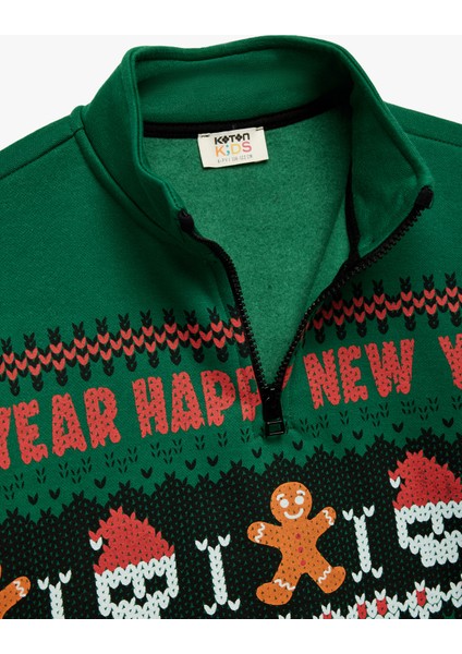 Şardonlu Uzun Kollu Yılbaşı Temalı Yarım Fermuarlı Dik Yaka Baskılı Sweatshirt modelleri