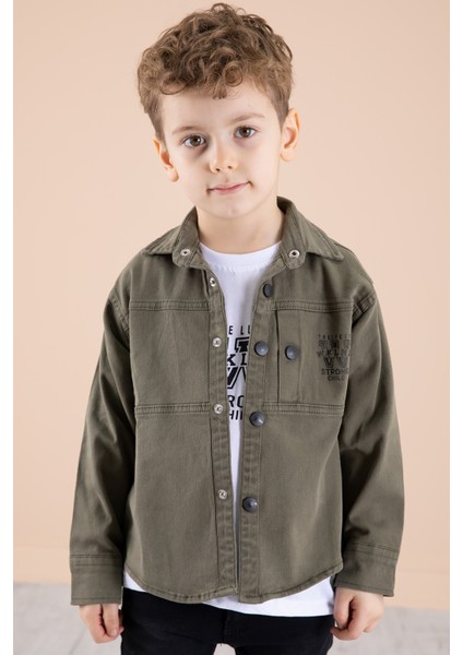 Haki Bisiklet Yaka Tişörtlü Keten Erkek Çocuk Gömlek 20074