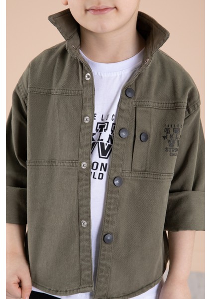 Haki Bisiklet Yaka Tişörtlü Keten Erkek Çocuk Gömlek 20074 fiyatları