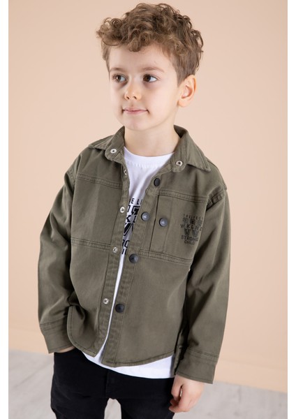 Haki Bisiklet Yaka Tişörtlü Keten Erkek Çocuk Gömlek 20074 modelleri