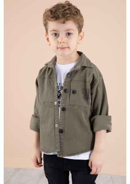 Haki Bisiklet Yaka Tişörtlü Keten Erkek Çocuk Gömlek 20074 fırsatları