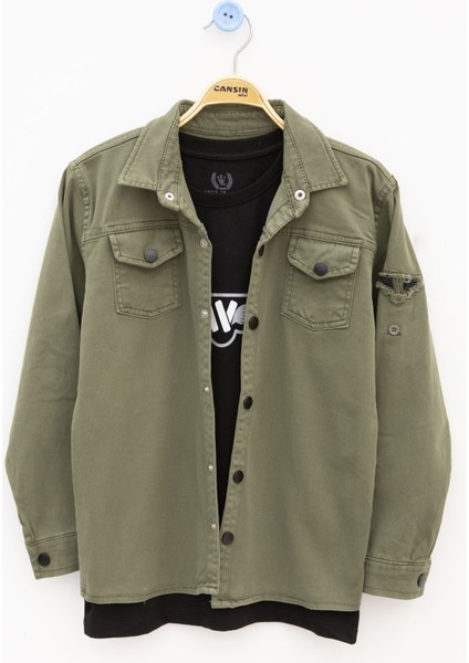 Haki Keten Gömlekli Bisiklet Yaka Baskılı Tişörtlü Erkek Çocuk 2li Takım 20256