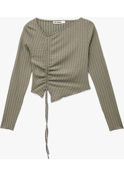 Asimetrik Yaka Slim Fit Büzgülü Uzun Kollu Tişört