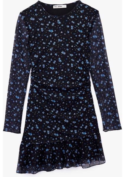 Slim Fit Asimetrik Kesim Uzun Kollu Bisiklet Yaka Çiçekli Elbise