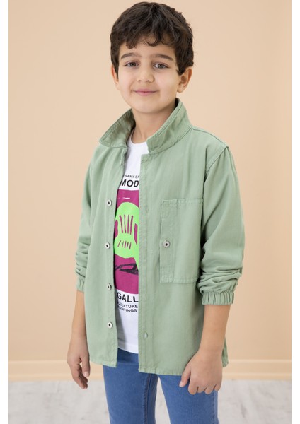Erkek Çocuk Yeşil Baskılı Tişörtlü Jean Gömlekli 2li Takım 20029 modelleri