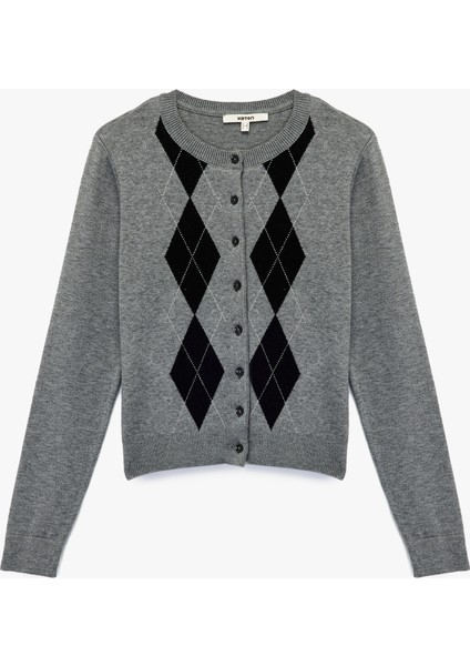 Düğmeli Uzun Kollu Bisiklet Yaka Baklava Desenli Triko Hırka