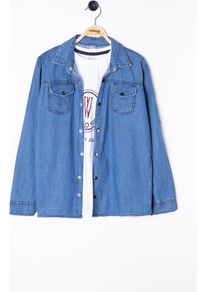 Mavi Bisiklet Yaka Tişörtlü Erkek Çocuk Göğüs Cepli Jean Gömlek 20080