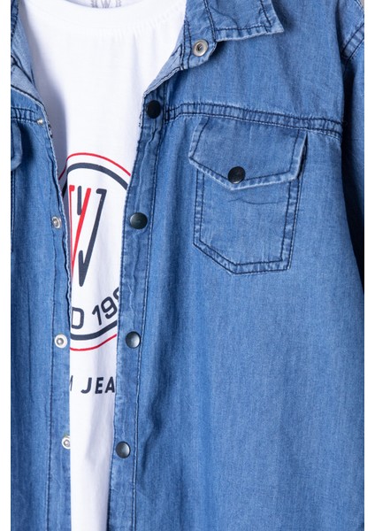 Mavi Bisiklet Yaka Tişörtlü Erkek Çocuk Göğüs Cepli Jean Gömlek 20080 fiyatları