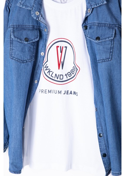 Mavi Bisiklet Yaka Tişörtlü Erkek Çocuk Göğüs Cepli Jean Gömlek 20080 modelleri