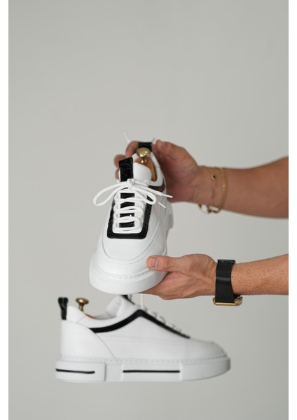 Drew Model Hakiki Deri El Yapımı Erkek Beyaz Siyah Rugan Sneakers Ayakkabı