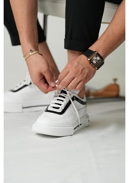 Drew Model Hakiki Deri El Yapımı Erkek Beyaz Siyah Rugan Sneakers Ayakkabı