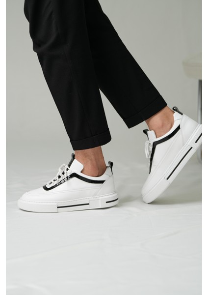 Drew Model Hakiki Deri El Yapımı Erkek Beyaz Siyah Rugan Sneakers Ayakkabı