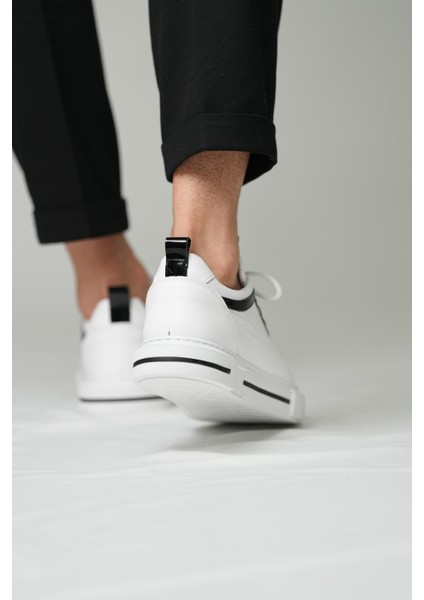 Drew Model Hakiki Deri El Yapımı Erkek Beyaz Siyah Rugan Sneakers Ayakkabı