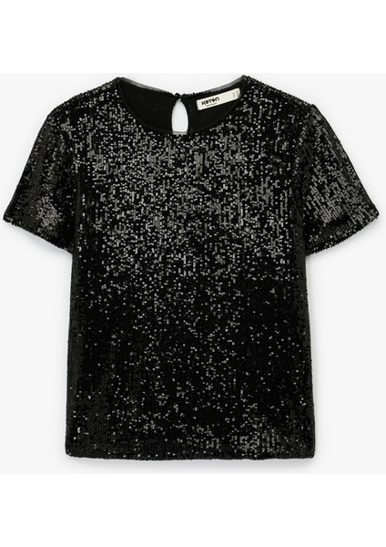 Kısa Kollu Bisiklet Yaka Pullu Payetli Abiye Bluz