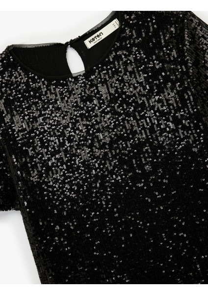 Kısa Kollu Bisiklet Yaka Pullu Payetli Abiye Bluz modelleri