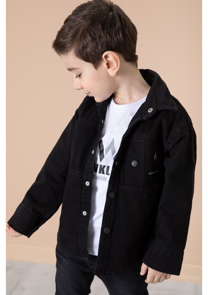 Siyah Yazı Baskılı Bisiklet Yaka Tişörtlü Erkek Çocuk Jean Gömlek 20077 fiyatları