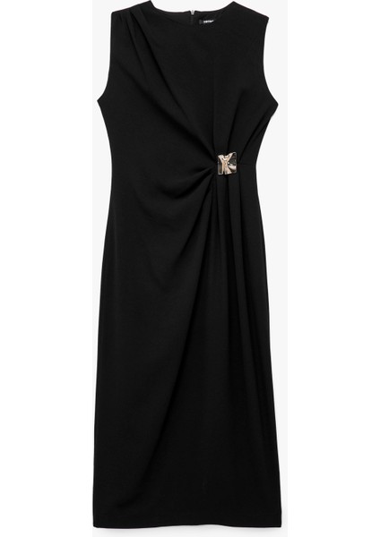 Krep Kumaş Drapeli Aksesuar Detaylı Bisiklet Yaka Kolsuz Midi Elbise modelleri