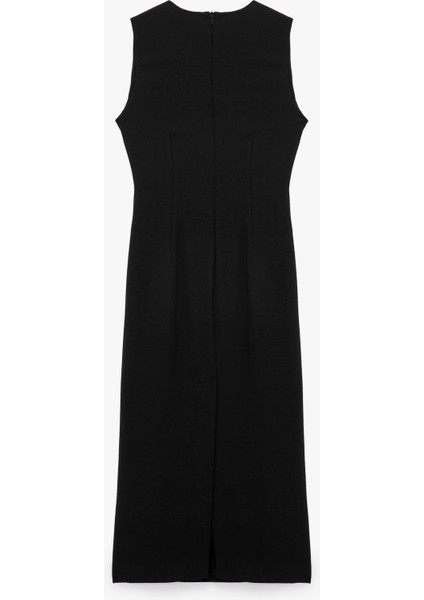 Krep Kumaş Drapeli Aksesuar Detaylı Bisiklet Yaka Kolsuz Midi Elbise fırsatları