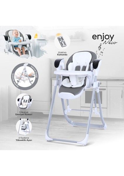 Enjoy Katlanabilir Mama Sandalyesi & Kumandalı Otomatik Bebek Salıncağı Gri