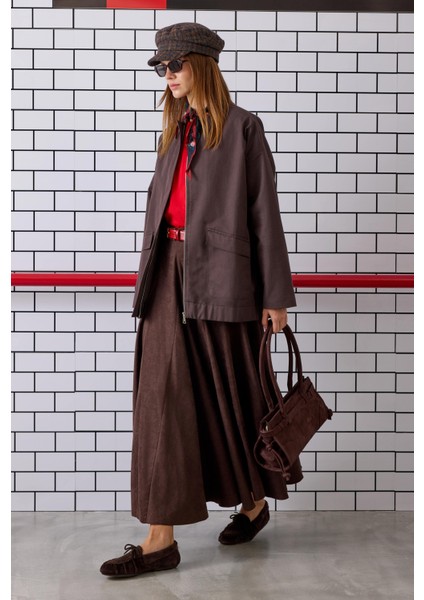 Volanlı Süet Etek Acı Kahve