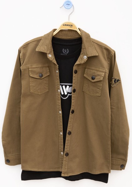 Kahve Keten Gömlekli Bisiklet Yaka Baskılı Tişörtlü Erkek Çocuk 2li Takım 20257