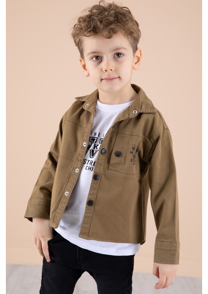 Kahve Bisiklet Yaka Tişörtlü Keten Erkek Çocuk Gömlek 20075