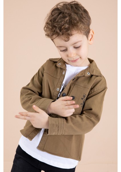 Kahve Bisiklet Yaka Tişörtlü Keten Erkek Çocuk Gömlek 20075 modelleri