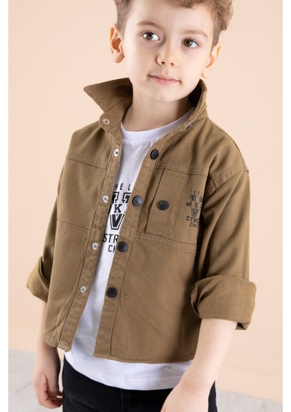 Kahve Bisiklet Yaka Tişörtlü Keten Erkek Çocuk Gömlek 20075 fırsatları