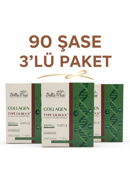 %100 Saf ve Doğal 5 Tip Kolajen ve Vitamin Içeren Diyet Takviyesi Ekonomik Paket (90 Şase)