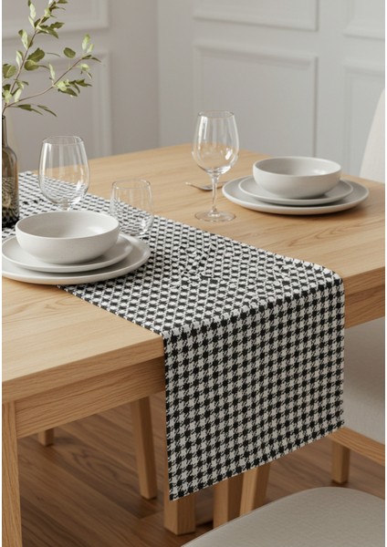 Siyah Beyaz Kazayağı Şık Masa Runnerı 50X150 cm – Modern ve Zarif Masa Örtüsü Runner