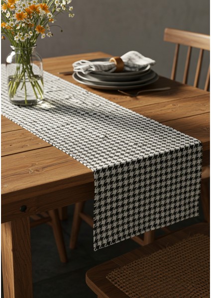 Siyah Beyaz Kazayağı Şık Masa Runnerı 50X150 cm – Modern ve Zarif Masa Örtüsü Runner